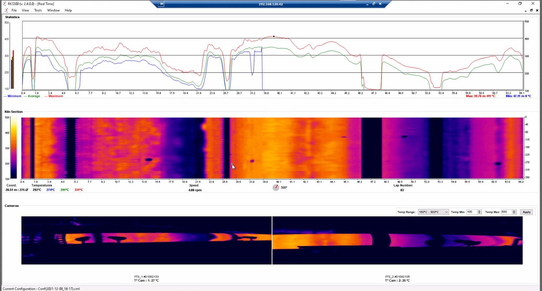 Pantalla del software RKS300 con gráficos de temperatura en tiempo real y mapa térmico de la virola de un horno rotativo