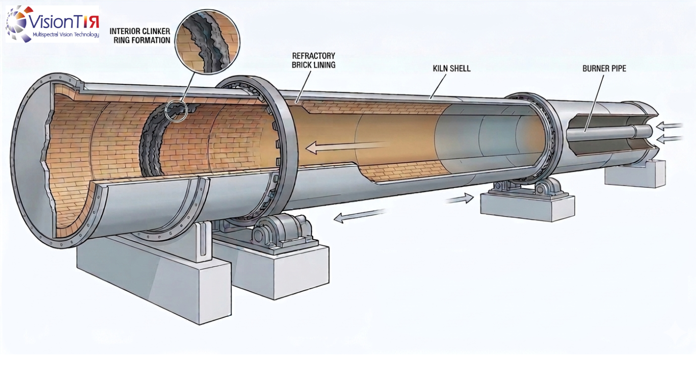 Formación de anillos en hornos rotativos y su impacto en el proceso térmico Esquema de horno rotativo mostrando la formación de un anillo interno por acumulación de material en el revestimiento refractario