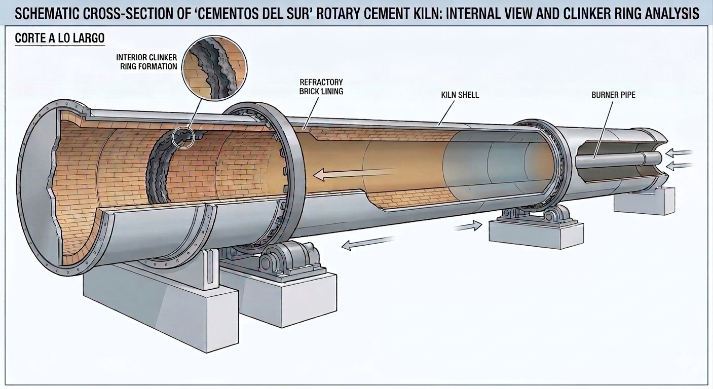 Rotary kiln cross-section with clinker ring formation and internal structure Schematic cross-section of a rotary cement kiln showing internal clinker ring formation and refractory lining